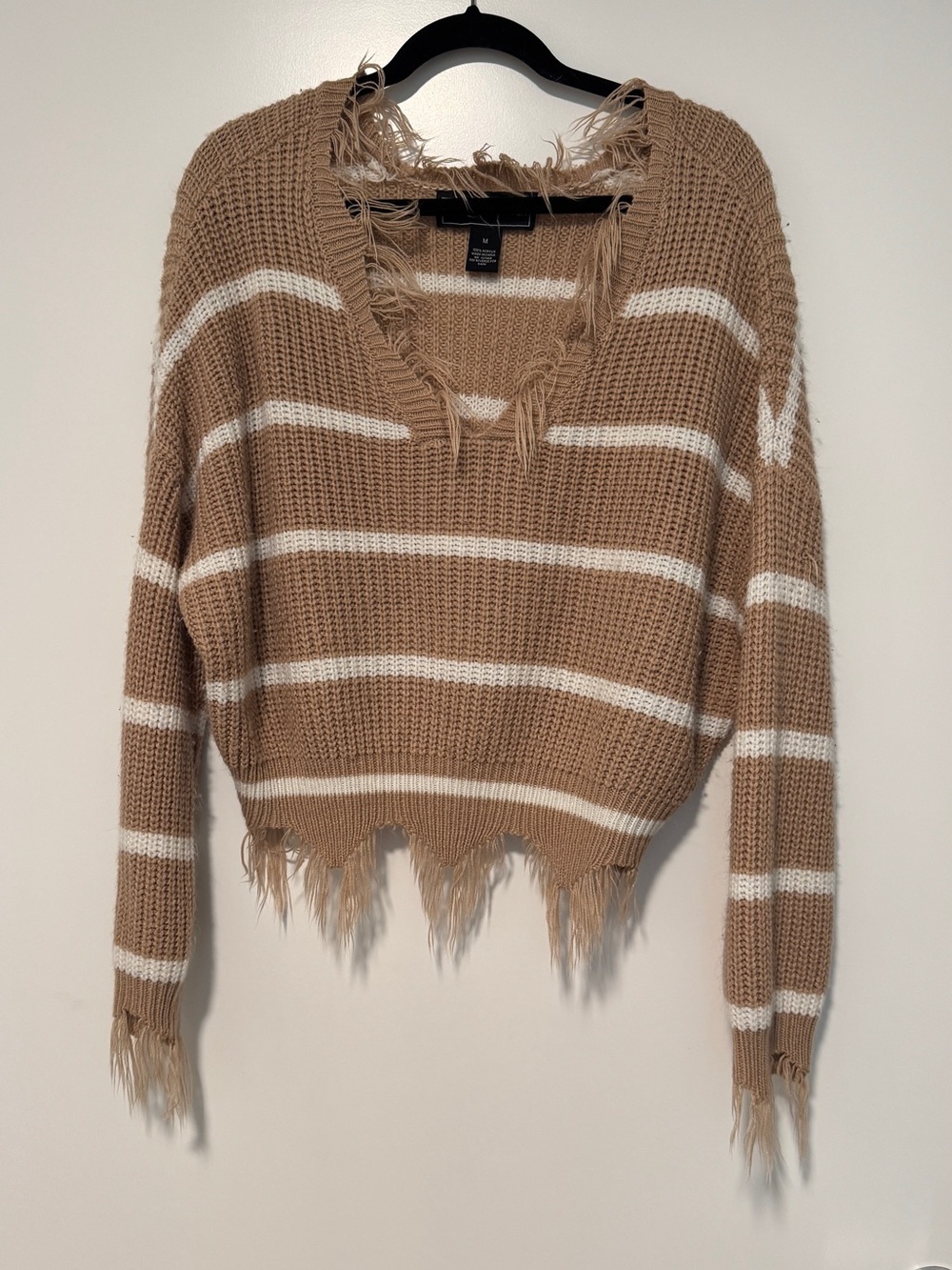 Striped Distressed V-Neck Sweater - Beige & White